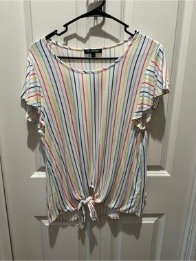Tint & Shadow Women’s ViscoseWhite Multicolor Stripe Tie-Front Rainbow Top